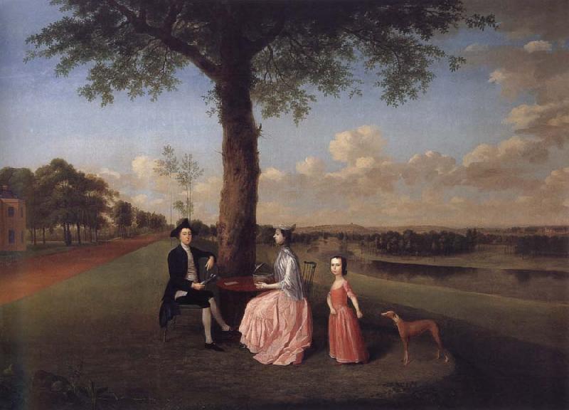 Arthur Devis Henry Fiennes Clinton,9th Earl of Lincoln,with his wife,Catherine and his son,George,on the great terrace at Oatlands oil painting picture